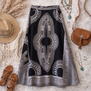 Boho Black White Indian Wrap Maxi Skirt Tribal Print Cotton One Size